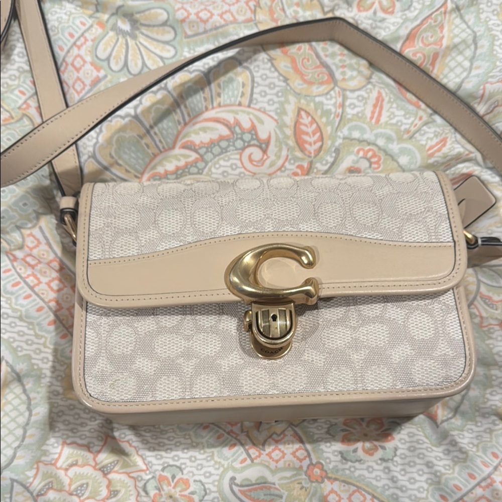Coach Cream and Gold Crossbody Bag with Signature Monogram